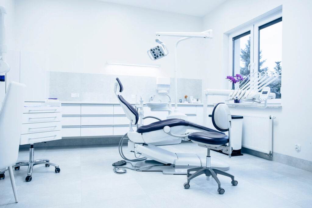 Modern dental practice. Dental chair and other accessories used by dentists.